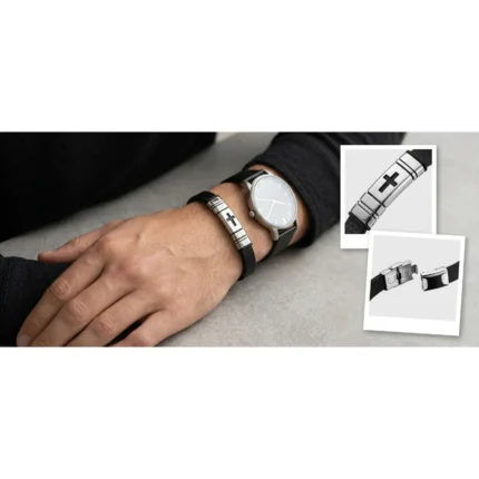Pulseira Cruz em Couro e Aço