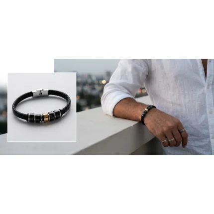 Pulseira Entrançada em Couro e Aço
